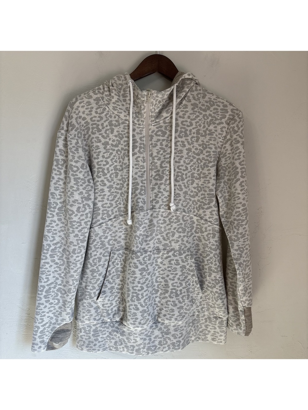 Vanilla Bay Womens Large Grey Leopard Print Half Zip Double Hooded Sweatshirt